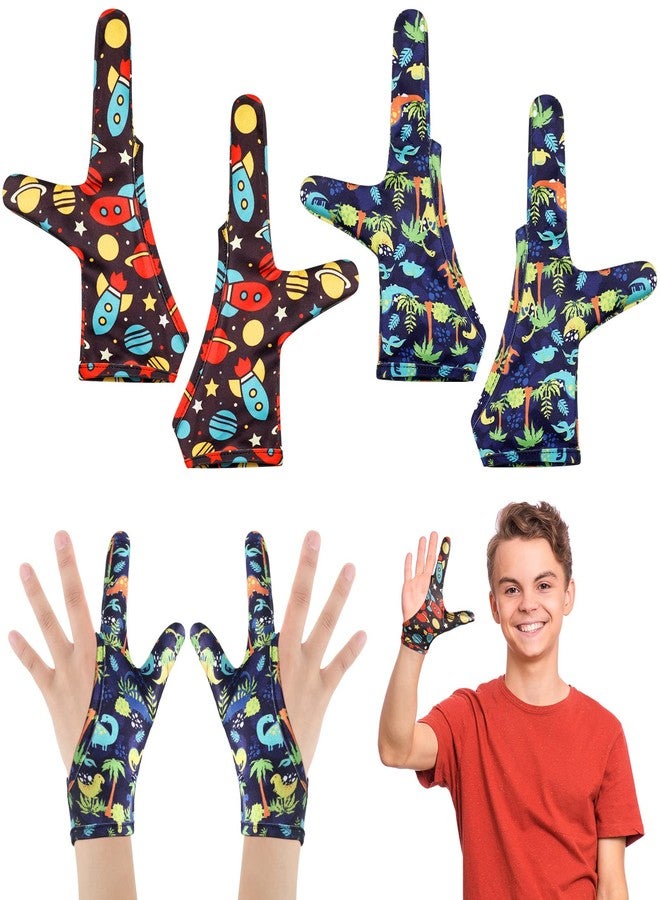 Jiuguva 4 Pcs Thumb Sucking Guard Gloves Kids Chewy Compression Gloves Breathable Guard Nail Biting Kids Stop Thumb Sucking and Finger Biting Generally for Ages 8-12 (Space, Dinosaur, 2 Fingers) - Image 1